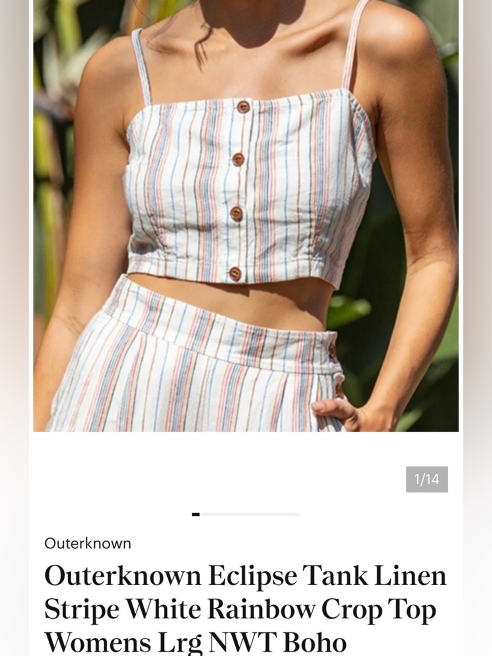 Outerknown White LINEN Stripe Button Crop Tank